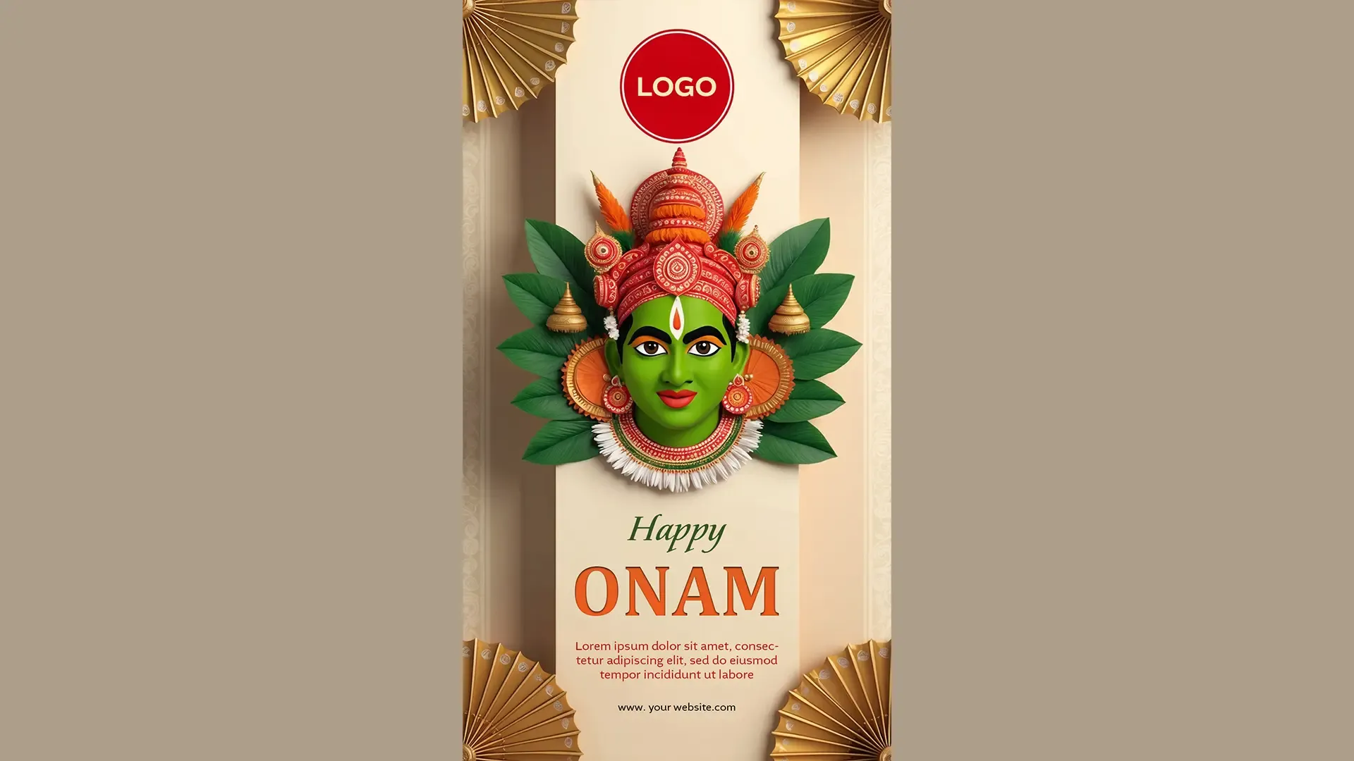 Elegant Onam Wishes Instagram Story Card with Kathakali Face and Golden Accents